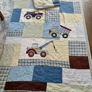 Twin Truck & Tractor Patchwork Baby Toddler Kid Quilt Blue, Tan, Brown - Levtex